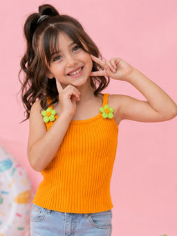 devils n angels - Girls Orange Floral Strap Casual Wear Top