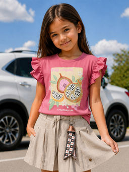 devils n angels - Girls Rose Pink Fruit Print Ruffle Sleeve Casual Top