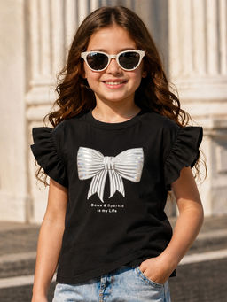 devils n angels - Girls Black Bow Print Party Wear Top