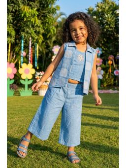 Lagorii - Sky Blue Printed Jacket With Inner Top And Pants