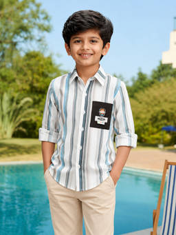 devils n angels - Boys White And Blue Vertical Striped Cotton Shirt
