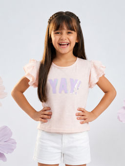 devils n angels - Girls Light Peach Printed Ruffle Sleeve Casual Top