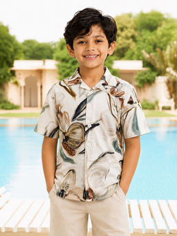 devils n angels - Boys White Floral Printed Cotton Half Sleeve Casual Shirt