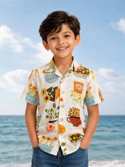devils n angels - Boys White Floral Print Cotton Half Sleeve Shirt