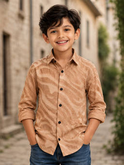 devils n angels - Boys Beige Self-Textured Cotton Full Sleeve Party Wear Shirt