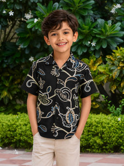 devils n angels - Boys Black Floral Embroidered Shirt