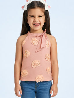 devils n angels - Girls Peach 3D Flower Party Wear Top