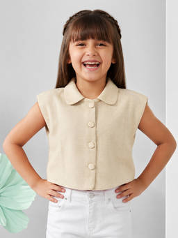 devils n angels - Girls Beige Sleeveless Collared Crop Top