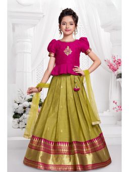Lagorii - Olive Green And Rani Pink Traditional Pattu Pavadai With Dupatta