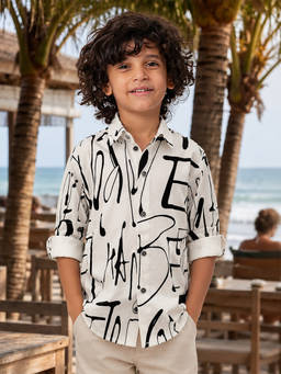devils n angels - Boys White Designer Print Cotton Shirt