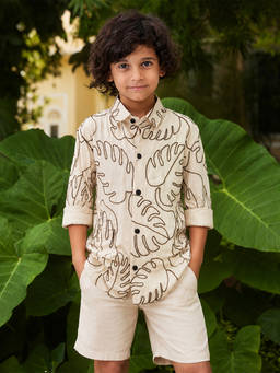 devils n angels - Boys Cream Full Sleeve Shirt With Designer Leaf Embroidery