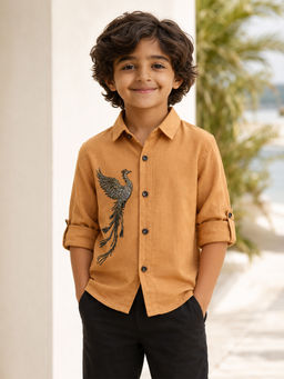 devils n angels - Boys Brown Cotton Party Wear Shirt With Sequin Bird Design