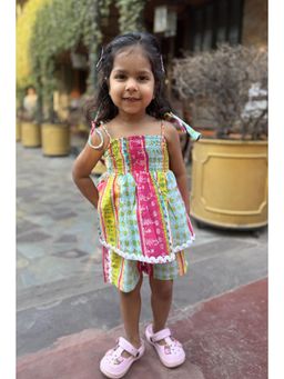 Peekaaboo Kids - Girls Coral Pure Cotton Co-Ord Set - Multi-Color