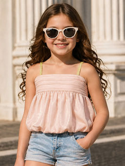 devils n angels - Girls Pink Gathered Sleeveless Casual And Party Wear Top