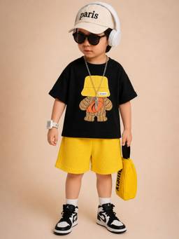 Googo Gaaga - Boys Cotton Graphic Printed T-shirt With Shorts-Black