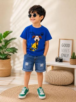 Googo Gaaga - Boys Cotton Graphic Printed T-shirt With Shorts-Blue