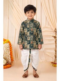 BT DEZINES - Boys Teal Mughal Art Print Kurta And Dhoti
