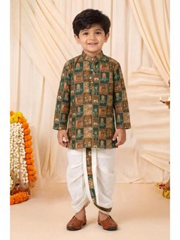 BT DEZINES - Boys Rust Brown Folk Art Print Kurta And Dhoti