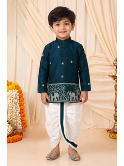 BT DEZINES - Boys Peacock Teal Satin Embroidered Kurta and Dhoti
