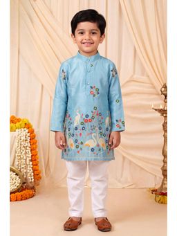 BT DEZINES - Boys Sky Blue Satin Embroidered Kurta and Pyjama