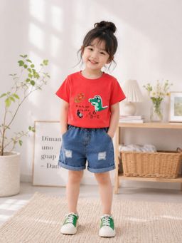 Googo Gaaga - Boys Cotton Graphic Printed T-shirt With Shorts-Red