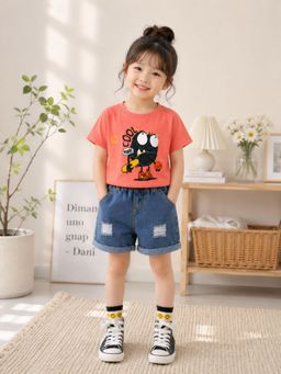 Googo Gaaga - Boys Cotton Graphic Printed T-shirt With Shorts-Coral