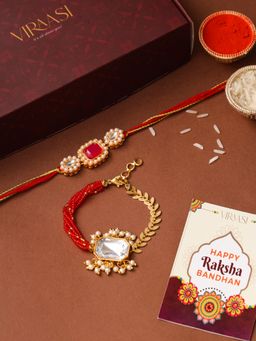 VIRAASI - Pack Of 2 Gold Toned Kundan Bhaiya Bhabhi Rakhi Bracelet With Roli Chawal