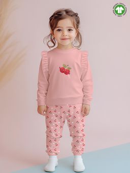 Kidbea - Bamboo Cotton Girls Full Sleeves Cherry Printed Co-Ord - Blush Pink (Set of 2)