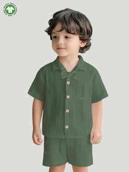 Kidbea - Linen Shirt & Pant Dark Green Co-Ord (Set of 2)