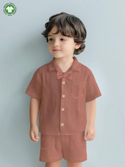 Kidbea - Linen Shirt & Pant Rust Co-Ord (Set of 2)