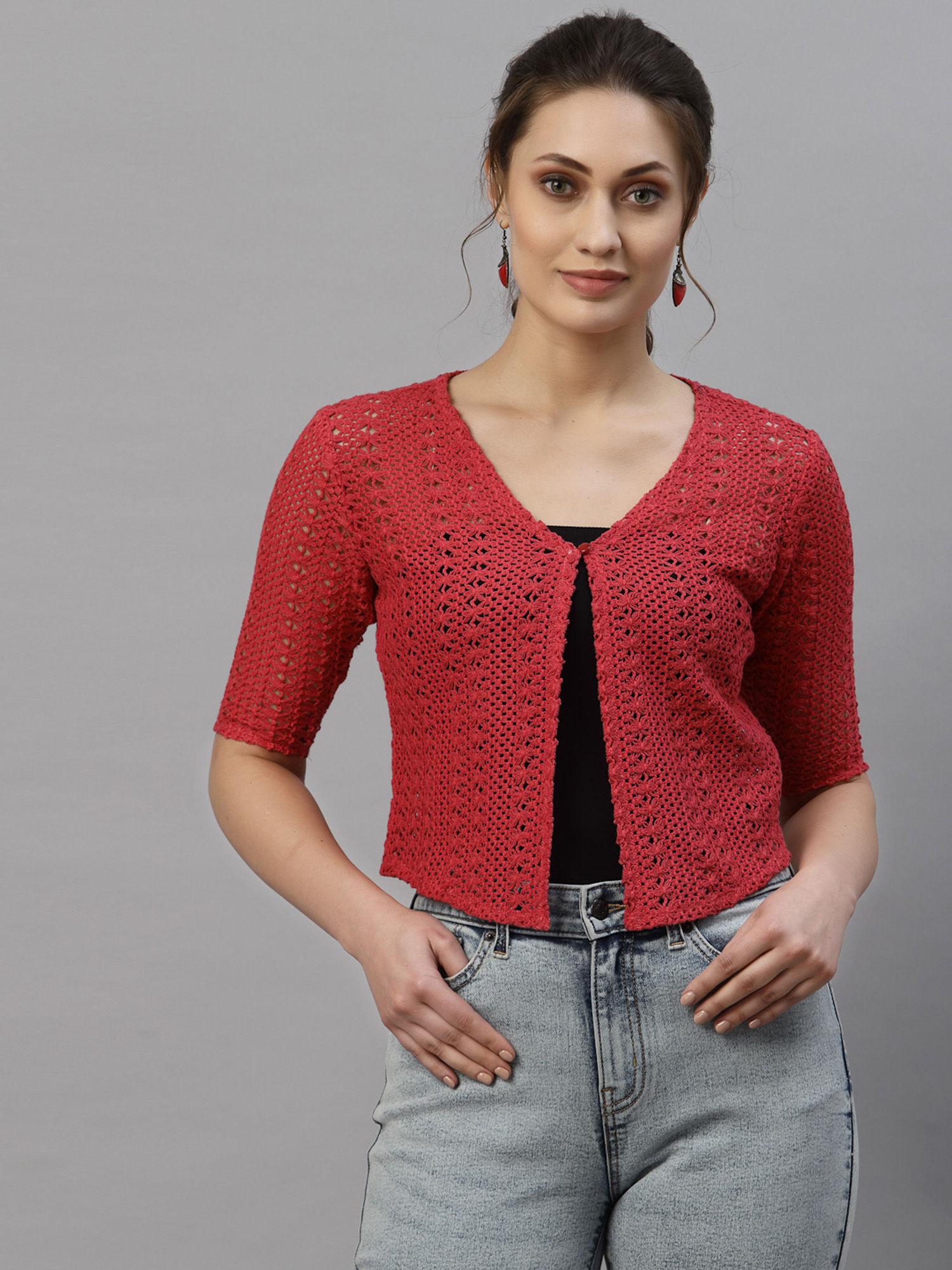 style quotient Women Self design Red cotton lace regular smart casual shrug-picture-25
