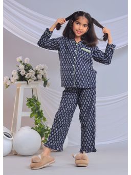 Misbis - Girls Printed Cotton Shirt and Pyjama-Navy Blue
