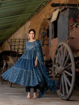 GAYRAA - Teal Cotton Floral Tiered Anarkali Kurta with Pant & Dupatta (Set of 3)