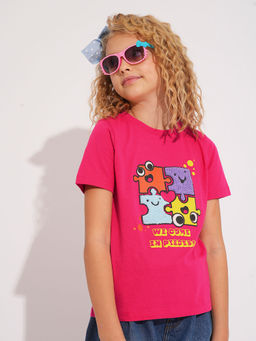 VERO MODA - Girl Pink Terry Graphic Print Cotton T-Shirt