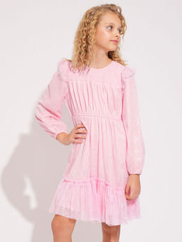 VERO MODA - Girl Pink Mesh Printed Dress