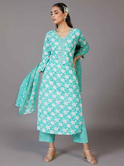 Libas - Turquoise Floral Printed Kurta with Pant and Dupatta (Set of 3)