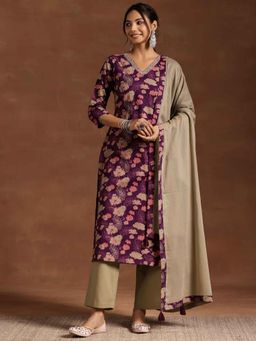 Libas - Purple Floral Printed Straight Kurta with Pant and Dupatta (Set of 3)