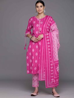 Libas - Pink Pure Cotton Printed Straight Kurta with Pant and Dupatta (Set of 3)