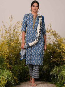 Libas - Blue Floral Printed Straight Kurta with Pant and Dupatta (Set of 3)