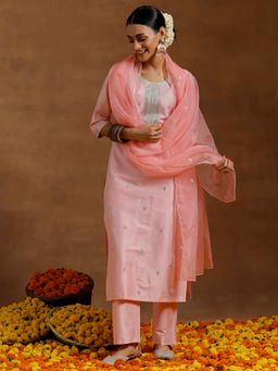 Libas - Light Pink Embroidered Straight Kurta with Pant and Dupatta (Set of 3)