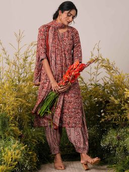 Libas - Rust Floral Printed Cotton Kurta with Salwar and Dupatta (Set of 3)