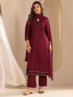 Libas - Maroon Yoke Design Solid Straight Kurta with Pant and Dupatta (Set of 3)