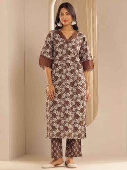 Libas - Brown Floral Printed Straight Kurta with Pant (Set of 2)
