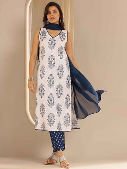 Libas - Navy Blue-White Floral Printed Kurta with Pant and Dupatta (Set of 3)