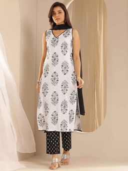 Libas - Black-White Floral Printed Kurta with Pant and Dupatta (Set of 3)