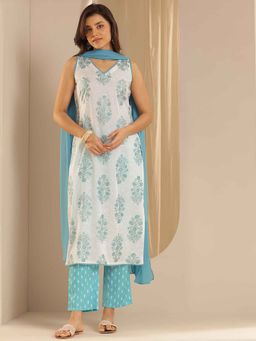 Libas - Blue-White Floral Printed Kurta with Pant and Dupatta (Set of 3)