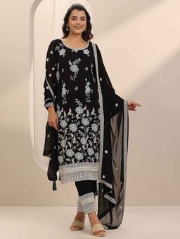 Libas Art - Black Floral Embroidered Straight Kurta with Pant and Dupatta (Set of 3)