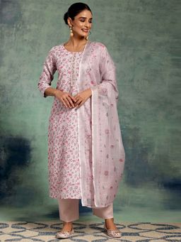 Libas - Pink Floral Printed Schiffli Straight Kurta with Pant and Dupatta (Set of 3)