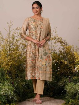 Libas - Beige Floral Printed Straight Kurta with Pant and Dupatta (Set of 3)