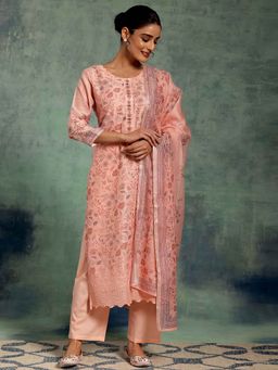 Libas - Peach Floral Printed Straight Kurta with Pant and Dupatta (Set of 3)